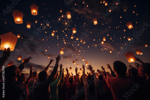 Group of people releasing lanterns into a twilight sky, symbolizing unity and happiness. Generative Ai.