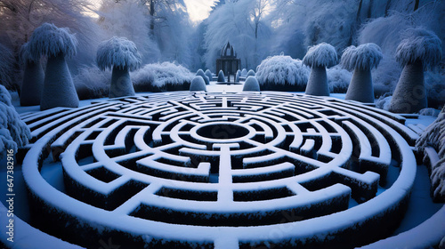Snow blanketing the intricate labyrinth of a garden maze photo