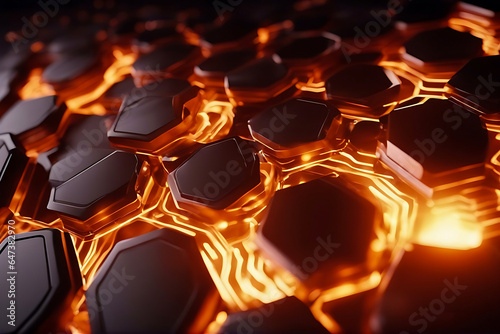 3D Abstract High Tech Dark Hexagons And Lava Background 