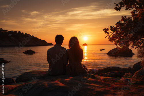 Couple s blissful moment as they watch a breathtaking sunset together. Generative Ai.