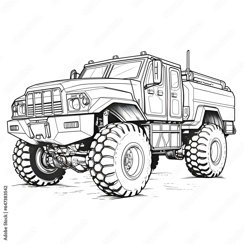 Outline drawing of Cartoon military monster truck car concept, car coloring page line art, army vehicle from side and front view. Vector doodle illustration, design for coloring book or print