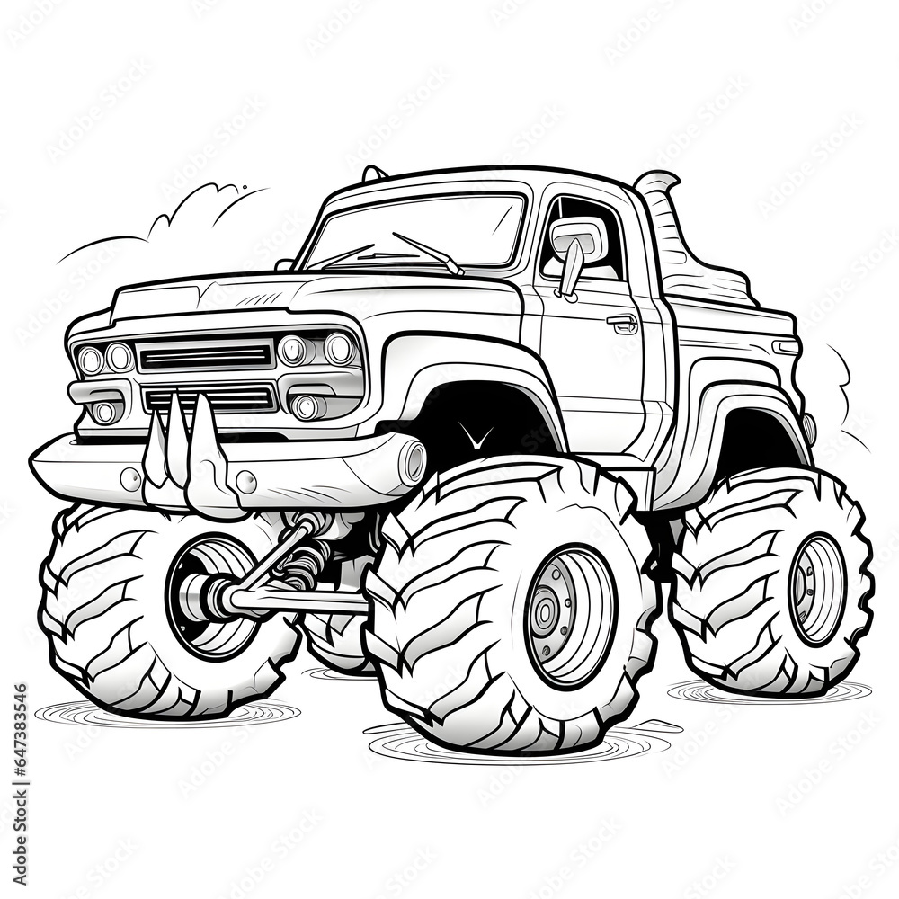 Outline drawing of Cartoon monster truck car concept, car coloring page line art, monster vehicle from side and front view. Vector doodle illustration, design for coloring book or print Outline drawing of Cartoon monster truck car concept, car coloring page line art, monster vehicle from side and front view. Vector doodle illustration, design for coloring book or print
