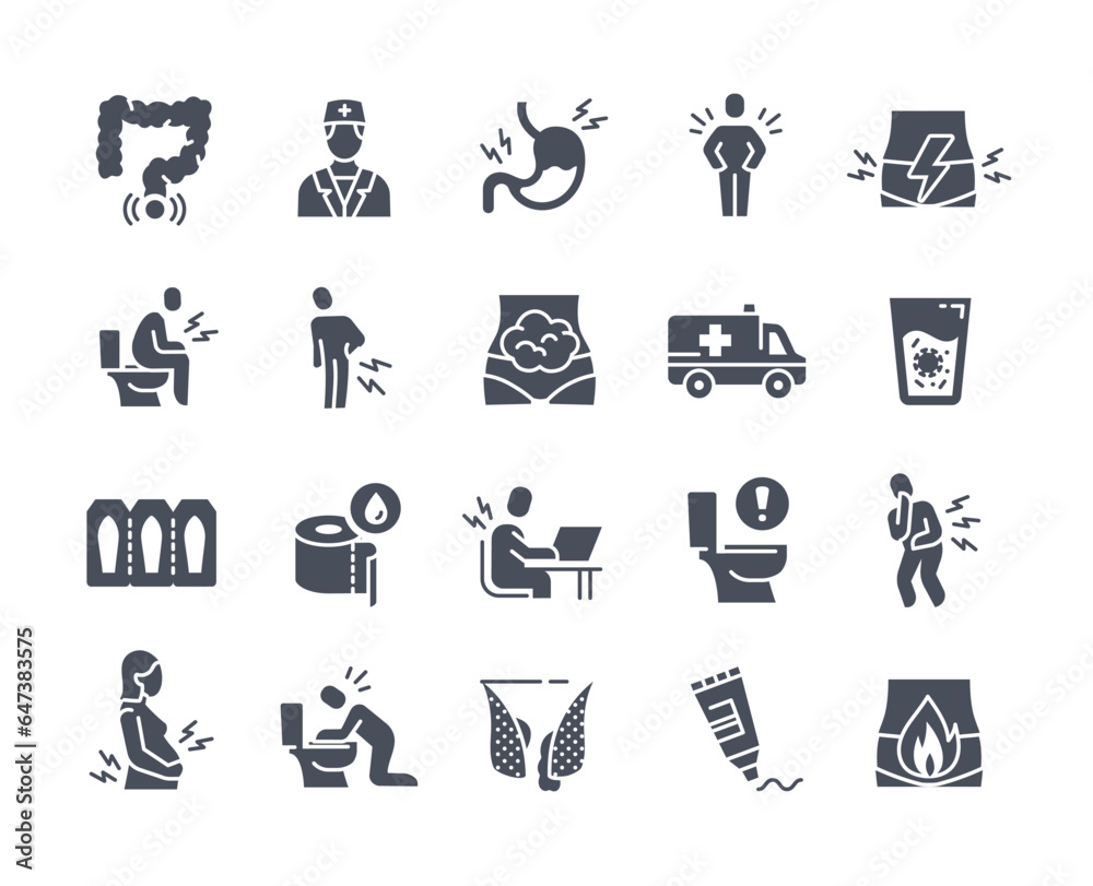 Abdominal pain icons black set. Problems with gut and digestive system. Diagnosis, healthcare and treatment. Poisoning and vomiting. Cartoon flat vector collection isolated on white background Abdominal pain icons black set. Problems with gut and digestive system. Diagnosis, healthcare and treatment. Poisoning and vomiting. Cartoon flat vector collection isolated on white background