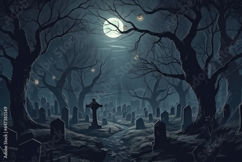 Graveyard in creepy forest in dark night gloomy creepy graves