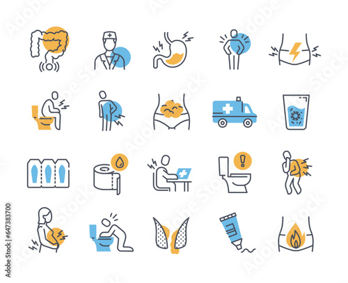 Abdominal pain icons line set. Healthcare and medicine. Sick people with stomach ache. Disease and illness. Graphic elements for website. Cartoon flat vector collection isolated on white background