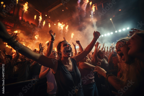 Excited reactions of fans at a live music concert  waving hands and singing along. Generative Ai.