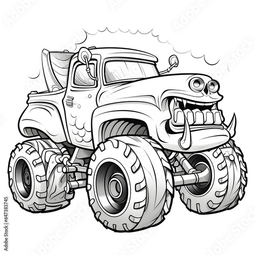 Outline drawing of Cartoon monster truck car concept, monster car coloring page line art, vehicle from side and front view. Vector doodle illustration, design for coloring book or print