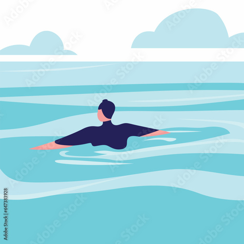 Man in open water looking at the horizon flat style vector illustration  Man swimming in open water  guy swimming in the ocean looking at the horizon stock vector image