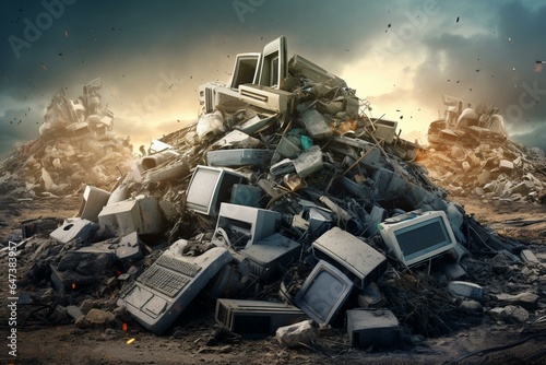 Electronic waste landfill for recycling. Environmental issue, symbolism. Generative AI