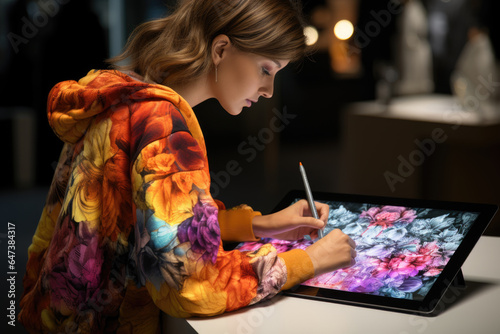 Person sketching fashion designs on a tablet, embracing digital fashion trends. Generative Ai.