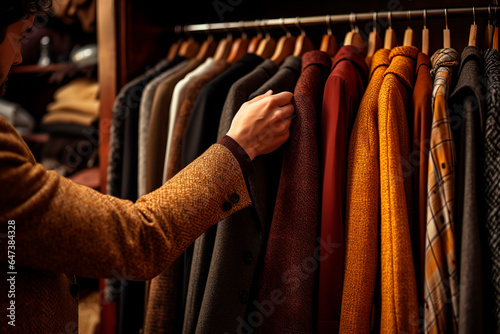 A man's hand reaches for a tweed jacket hanging in a closet surrounded by fall wardrobe items.