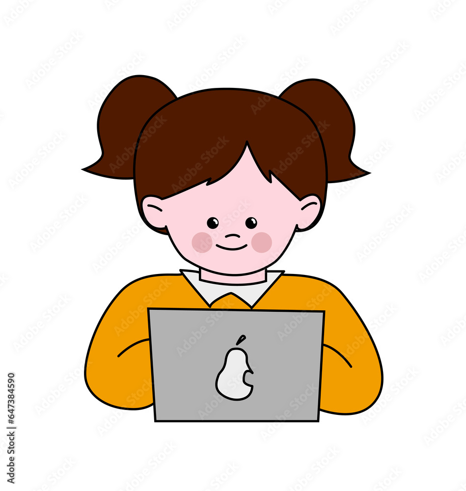Back to school girl simple concept. Schoolgirl with laptop. Training, education and learning. Online lecture and webinar. Cartoon flat vector illustration isolated on white background Back to school girl simple concept. Schoolgirl with laptop. Training, education and learning. Online lecture and webinar. Cartoon flat vector illustration isolated on white background