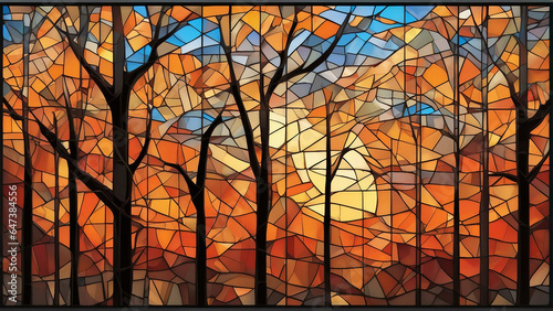 Beautiful abstract autumn forest at sunset, in the style of mosaics stained glass window. Colorful autumn forest scene at sunset with vibrant hues of orange and yellow