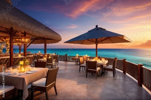 Outdoor restaurant at the beach. Table setting at tropical beach restaurant. beautiful sunset sky, sea view. Luxury hotel or resort restaurant