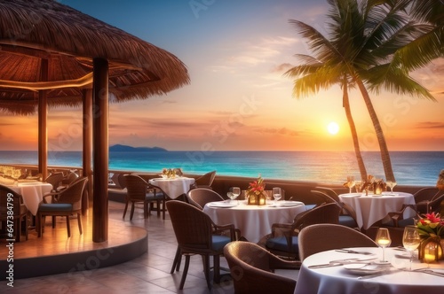 Outdoor restaurant at the beach. Table setting at tropical beach restaurant. beautiful sunset sky  sea view. Luxury hotel or resort restaurant