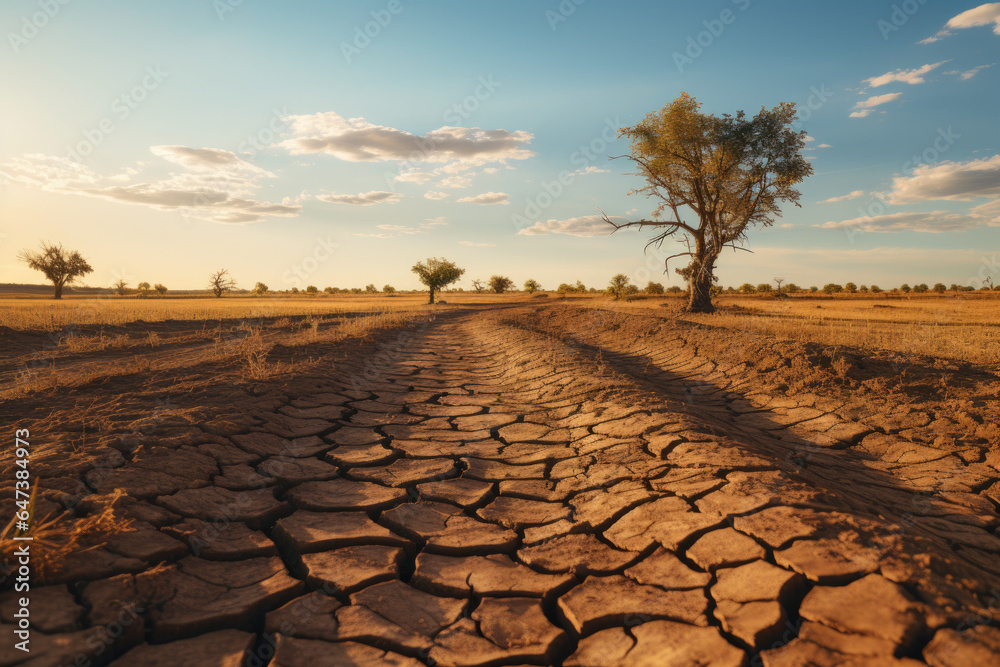 Fototapeta premium Drought-stricken farmland with cracked soil, showcasing the effects of climate-induced water scarcity. Generative Ai.