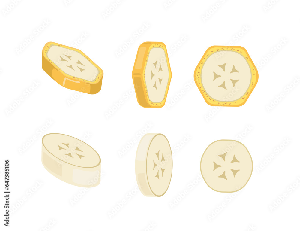 Slices of banana concept. Natural and organic product. Ingredient for preparing tasty and healthy breakfast. Template, layout and mock up. Cartoon flat vector illustration isolated on white background Slices of banana concept. Natural and organic product. Ingredient for preparing tasty and healthy breakfast. Template, layout and mock up. Cartoon flat vector illustration isolated on white background