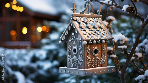 Snowflakes embellishing the sharp angles of a birdhouse roof