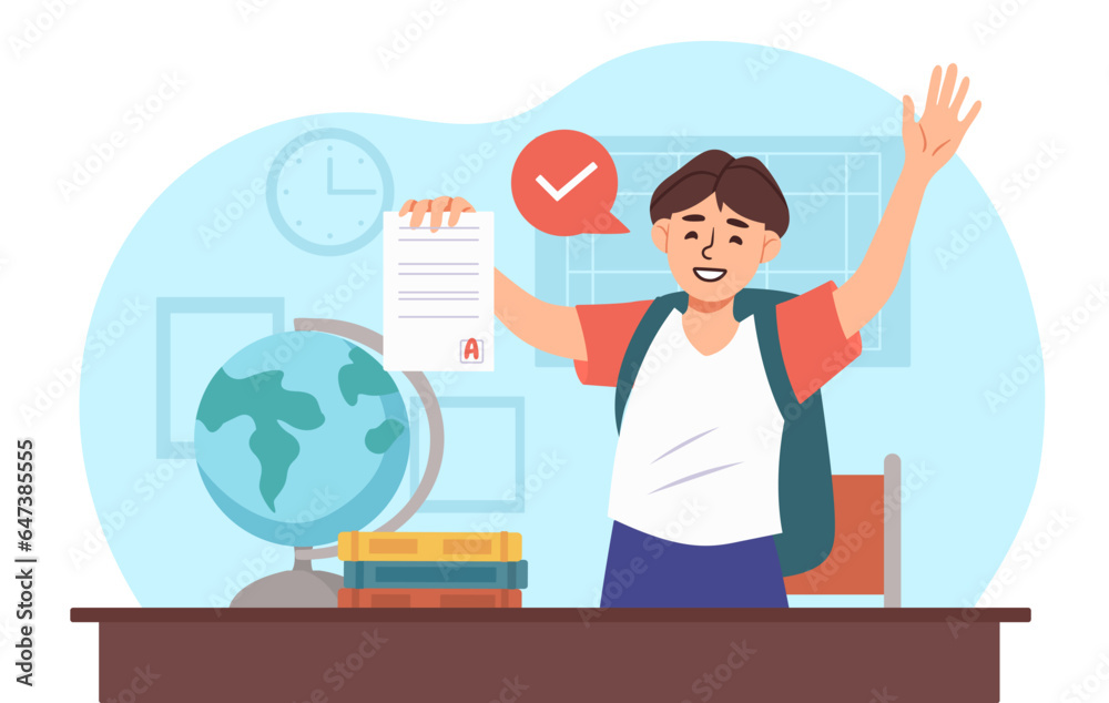 Boy with good grade concept. Happy schooler in class with test or examination result. Education, learning and training. Back to school. Template and mock up. Cartoon flat vector illustration Boy with good grade concept. Happy schooler in class with test or examination result. Education, learning and training. Back to school. Template and mock up. Cartoon flat vector illustration