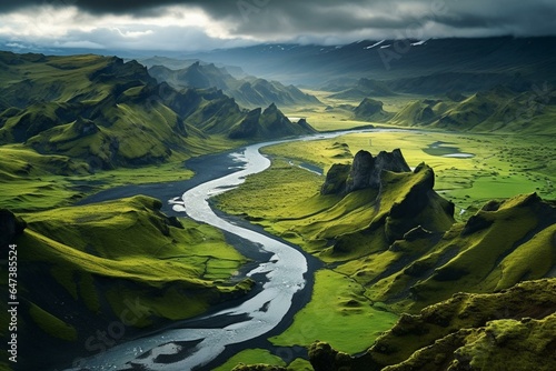 Stunning Iceland landscape with lush green hills, canyons, and an aerial river. Generative AI