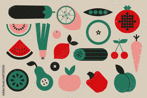 Abstract geometric fruits berries vegetables. Modern nature eco products, fresh food simple shapes minimalist style. Vector set