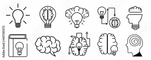 Brain and artificial intelligence education logo - Brain icons set - Intellect Icon Set - imagination outline icons such as brain, bulb, light bulb.