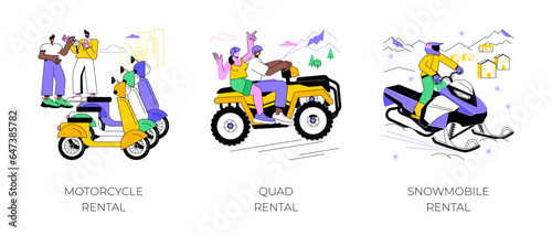 Motor vehicle rental isolated cartoon vector illustrations set. Salesman gives a keys to the rented motorcycle, people renting quad on vacation, snowmobile ride, tourism business vector cartoon.