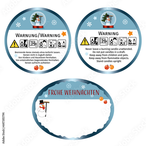 Sicherheitsetiketten im Weihnachtsdesign mit Icons und ein leeres Kerzen Etikett . Vektor