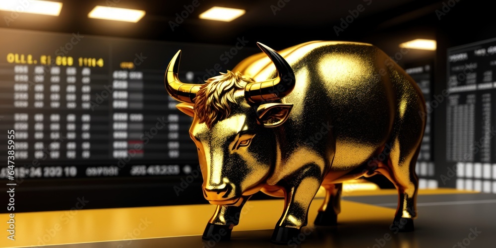 The concept of Bull market on stock market investment good situation. Financial investment in bull market. How to trade in risk valuation situation. Gold Bull with Stock market background - obrazy, fototapety, plakaty 