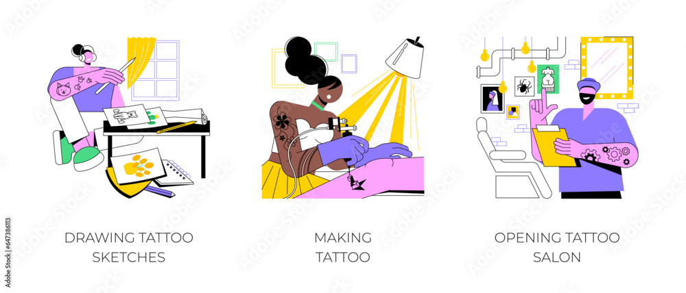 Tattoo master isolated cartoon vector illustrations set. Professional artist drawing new sketches, tattoo making process, permanent makeup, opening professional salon, small business vector cartoon.