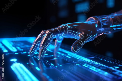 Cyber hand touch digital interface. Future concept technology or cyber communication hologram and innovation internet system on VR cyberspace. Background of virtual computer screen display