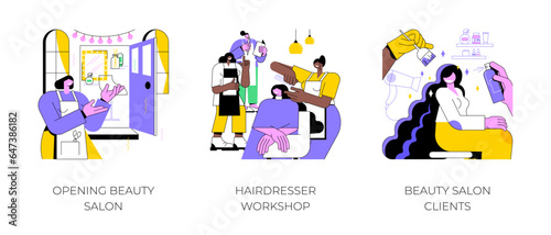 Beauty salon owner isolated cartoon vector illustrations set. Happy smiling woman opening her own business, professional hairdresser workshop, cutting hair, client happy with haircut vector cartoon.