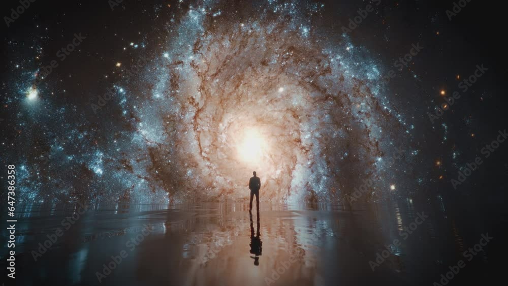 Silhouette of a man looking at the beauty of universe, stars, galaxy, milky way. Zoom in. Infinite universe. Edge of the world. Looking into the future. Power of imagination. Cinematic concept clip.