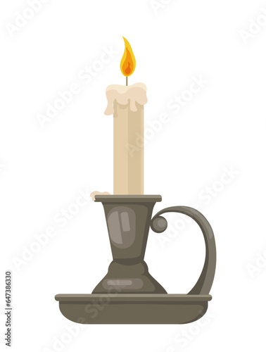 Candle in candlestick concept. Element of decor and interior. Ancient light and fire holder for night and dusk. Poster or banner. Cartoon flat vector illustration isolated on white background