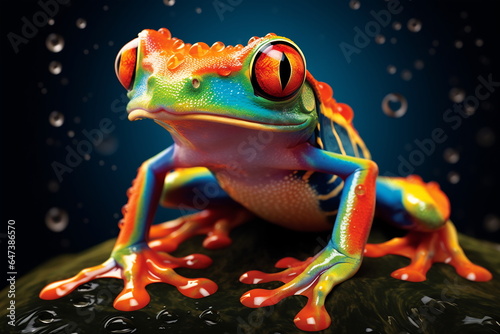 Poison vivid color frog. Poisonous animal of tropical rainforest. Pet in terrarium.