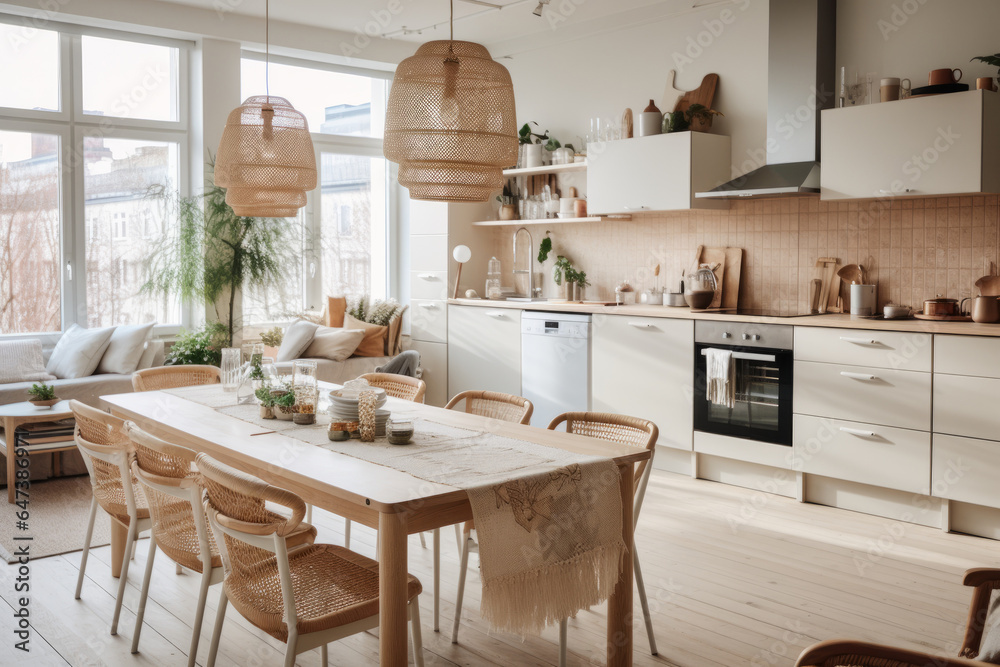 Scandi-boho style kitchen room, nature lighting, 3d render