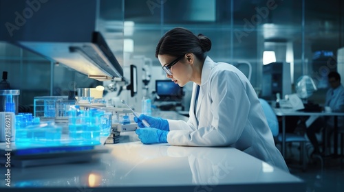 scientist in a laboratory carefully analyzing data and conducting experiments to evaluate the efficacy of a potential drug.