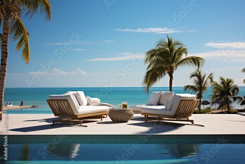 Pool and lounge chairs near the ocean. Generative AI