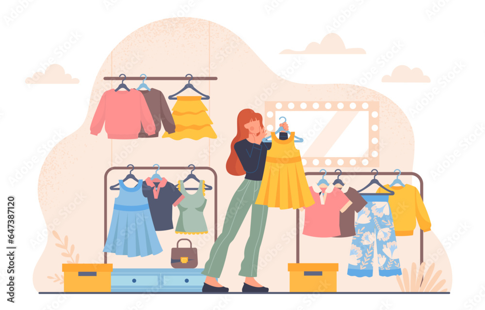 Woman in dressing room concept. Young girl with clothes in wardrobe. Fashion, trend and style. Character trying outfir and wear. Person with yellow dress. Cartoon flat vector illustration
