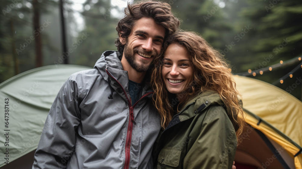 A young couple outdoors on a camping adventure vacation outside their tent
