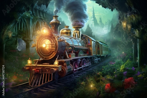 a fantastical train in enchanted realm. Generative AI