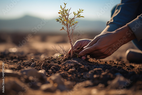 A person's hand planting a sapling in a barren landscape, symbolizing reforestation efforts. Generative Ai.