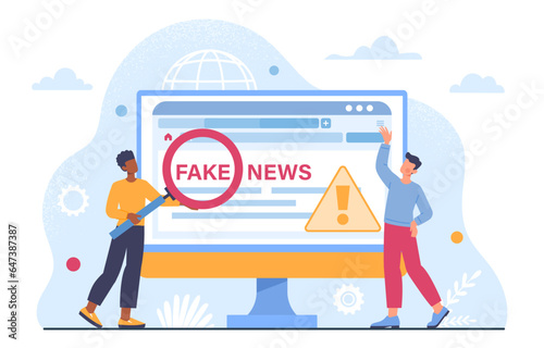 People with fake news concept. Men with magnifying glass near computer monitor with open media website. Information and propaganda, lies. Young guys analyze media. Cartoon flat vector illustration