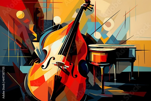 A poster showcasing abstract jazz artwork on a musical backdrop. Generative AI