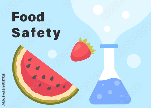 Food safety poster. Genetic expertise and analysis of composition of fruits. Strawberry and watermelon with flask. Graphic element for website. Cartoon flat vector illustration