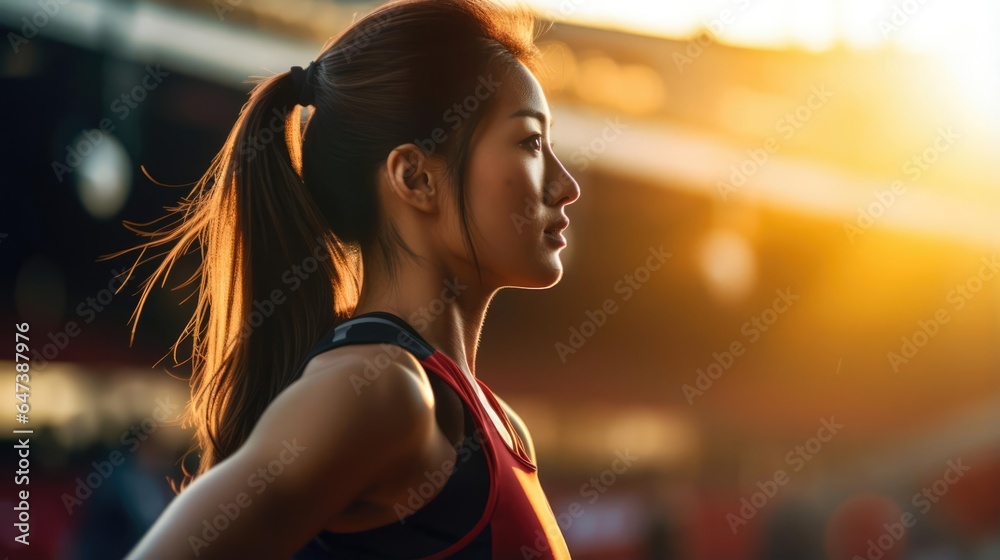 Fototapeta premium early morning light at a bustling athletics stadium in Japan