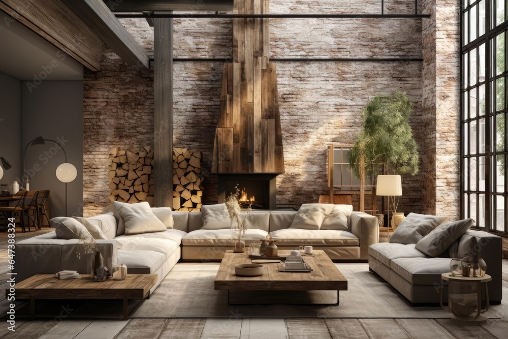 modern industrial living room with light natural materials