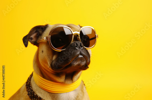 Portrait of a funny dog wearing glasses and a gold chain. Small smiling dog on a bright trendy yellow background. AI generated