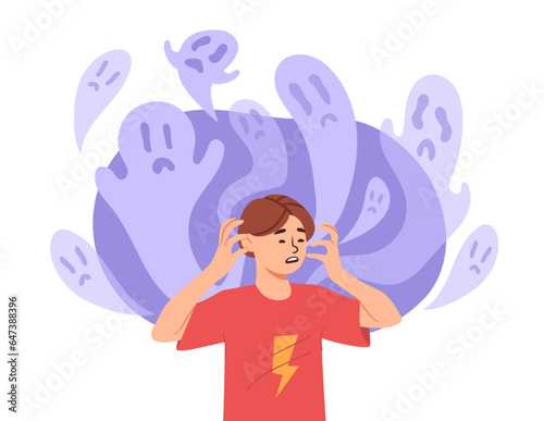 Man with hallucinations in head concept. Young guy on background of ghosts. Fear and horror. Paranoia and schizophrenia. Mental problems and psychological disorders. Cartoon flat vector illustration