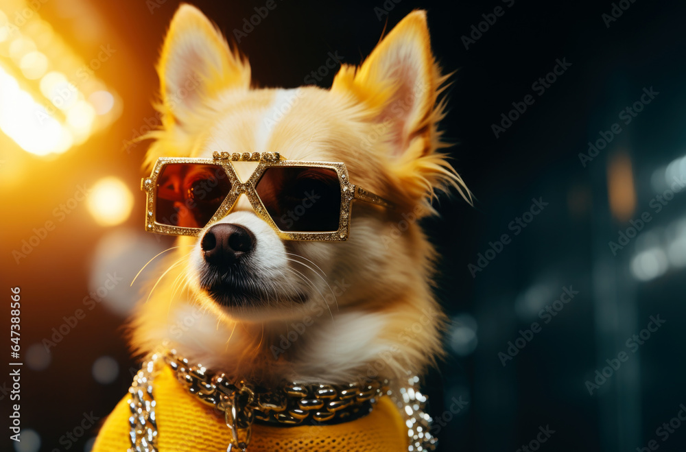 Portrait of a funny dog wearing glasses and a gold chain. Small smiling dog on a bright fashionable background. AI generated